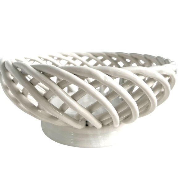 Vtg @Home Heavy White Porcelain Fruit Bread Basket Open Weave Lattice Design - Picture 2 of 9